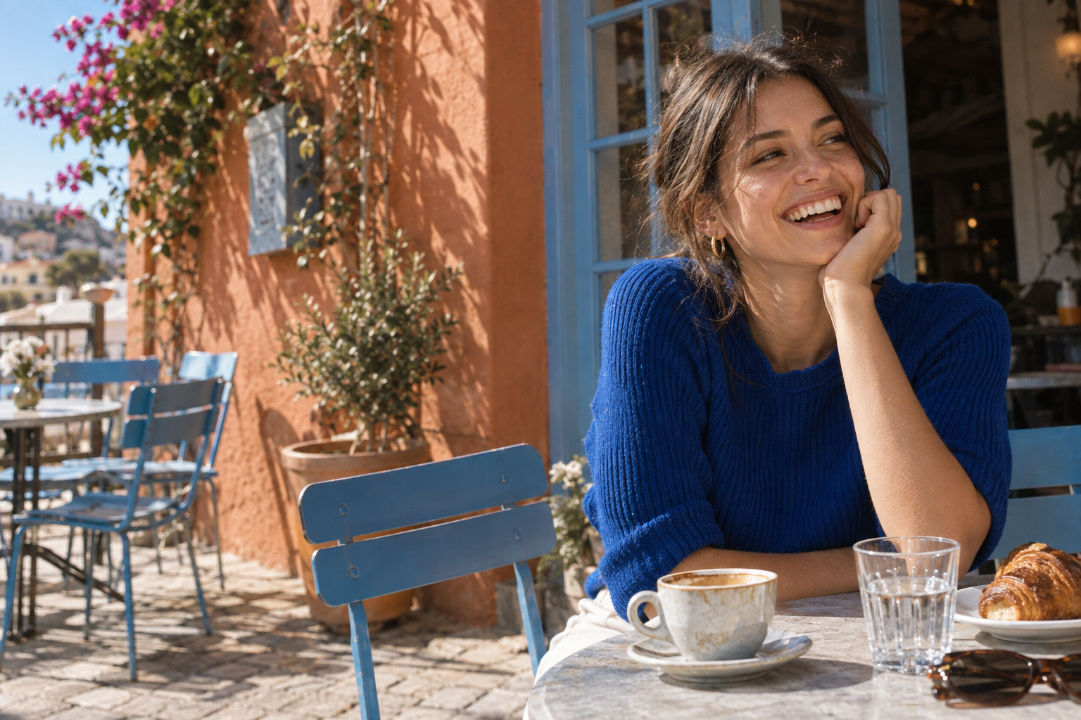 Illustrative portrait of a creator in a bright blue sweater at a café